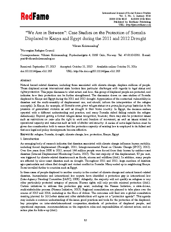 “We Are in Between”: Case Studies on the Protection of Somalis Displaced to Kenya and Egypt during the 2011 and 2012 Drought 