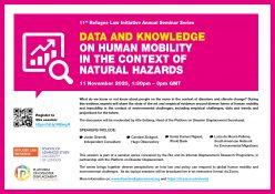 Flyer For The Event 'Data And Knowledge On Human Mobility In The Context Of Natural Hazards' With A Picture Of A Graph And Lens And A Blurb, List Of Speakers, Registration Link And QR Code, And RLI And PDD Logos On A Pink And White Background