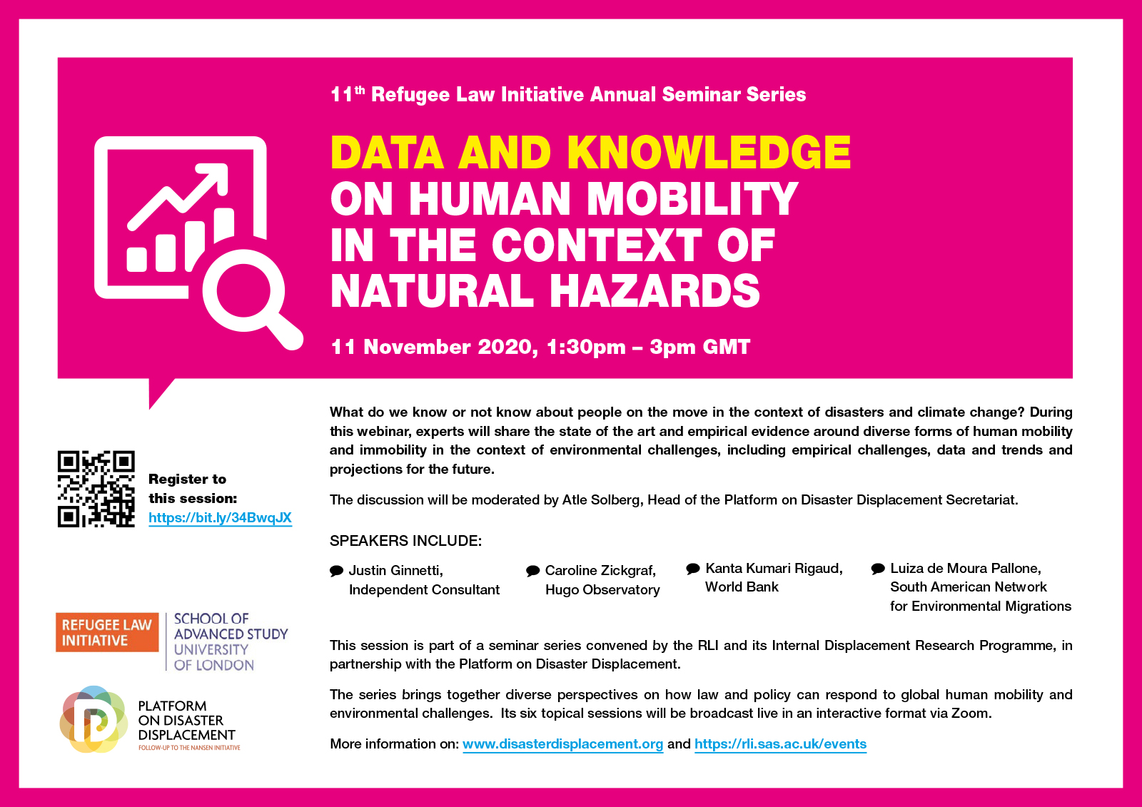Flyer For The Event 'Data And Knowledge On Human Mobility In The Context Of Natural Hazards' With A Picture Of A Graph And Lens And A Blurb, List Of Speakers, Registration Link And QR Code, And RLI And PDD Logos On A Pink And White Background