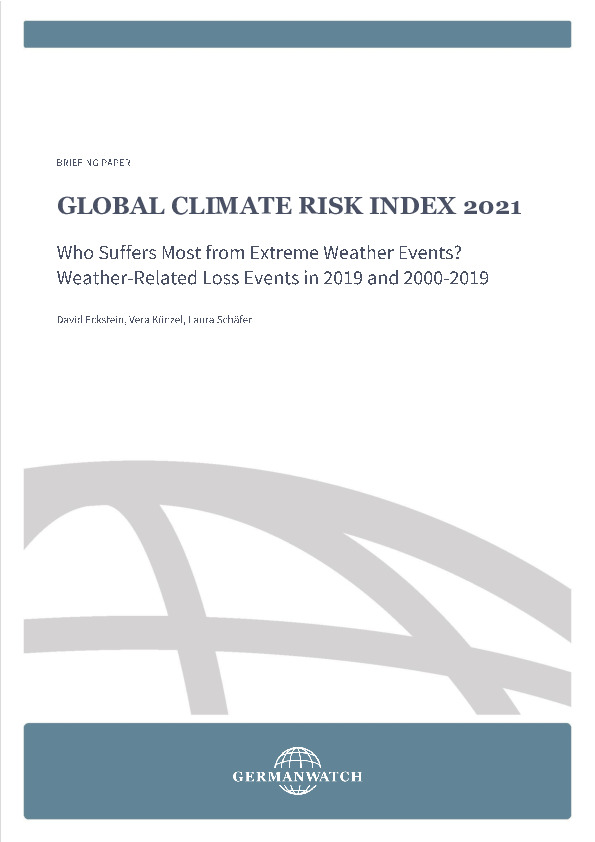 Cover Image: Mostly White With A Partial Outline Of A Globe, With The Text Global Climate Risk Index 2021 Who Suffers Most From Extreme Weather Events? Weather-related Loss Events In 2019 And 2000 To 2019