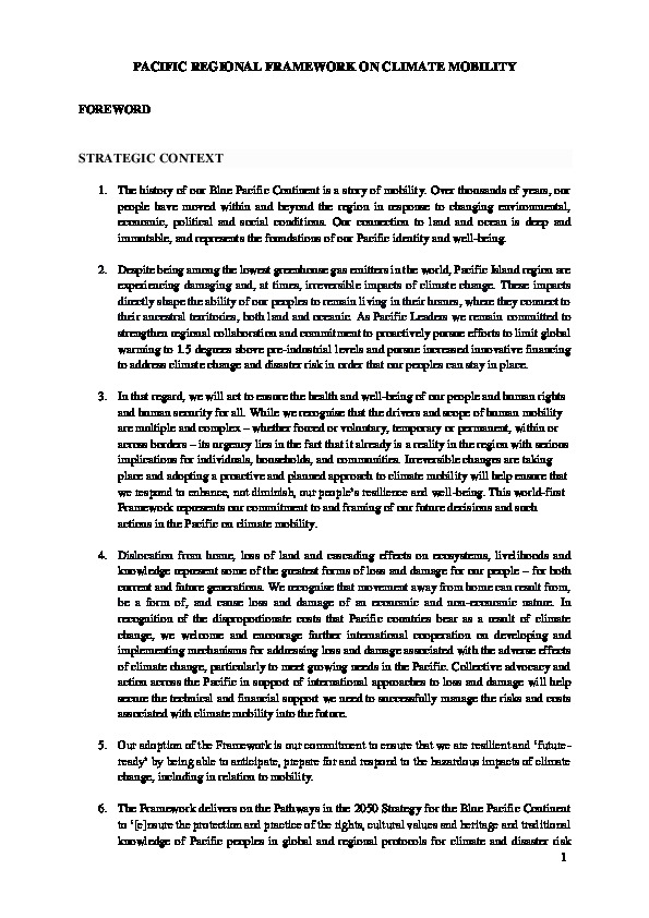 Pacific Regional Framework on Climate Mobility